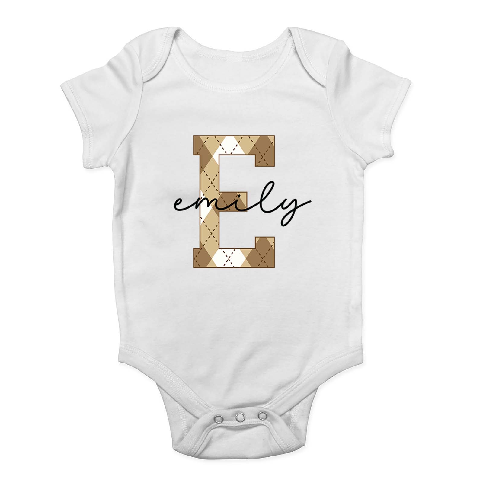 Personalised Alphabet Letter Brown Check Pattern Baby Grow Vest Bodysuit Boys