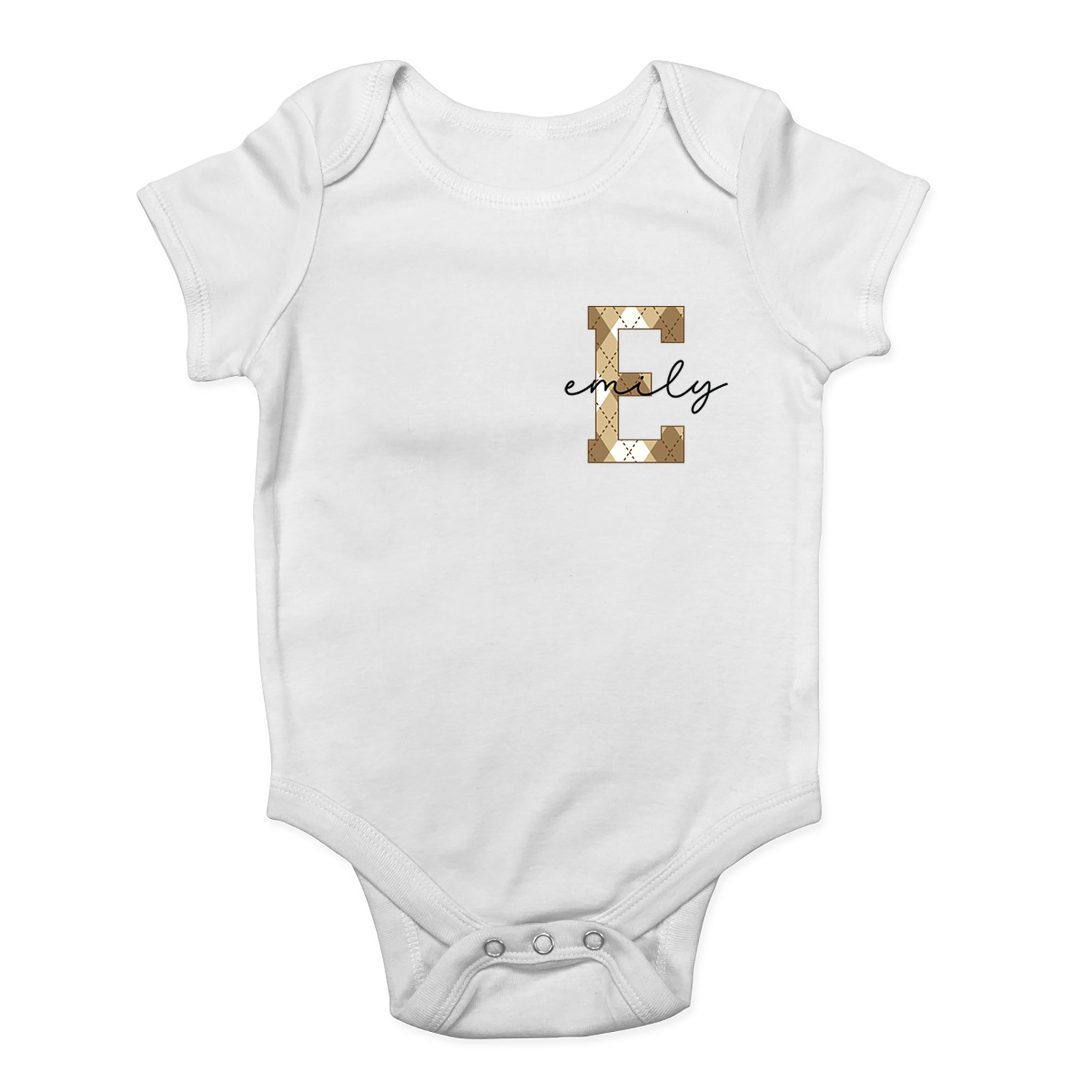 Personalised Alphabet Pocket Design Baby Grow Vest Brown Check Pattern Bodysuit