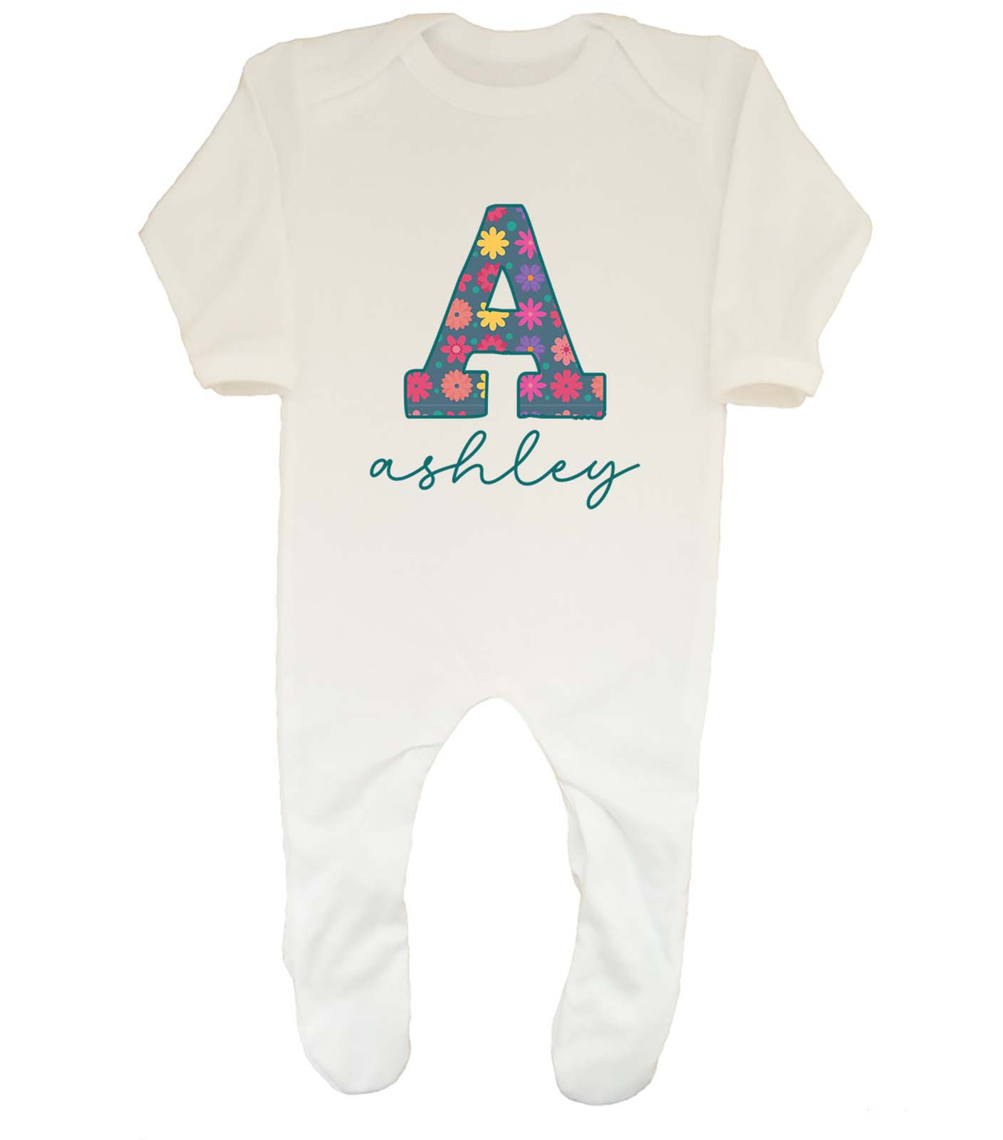 Personalised Alphabet Floral Flower Baby Grow Sleepsuit Letter Pattern Boy Girls