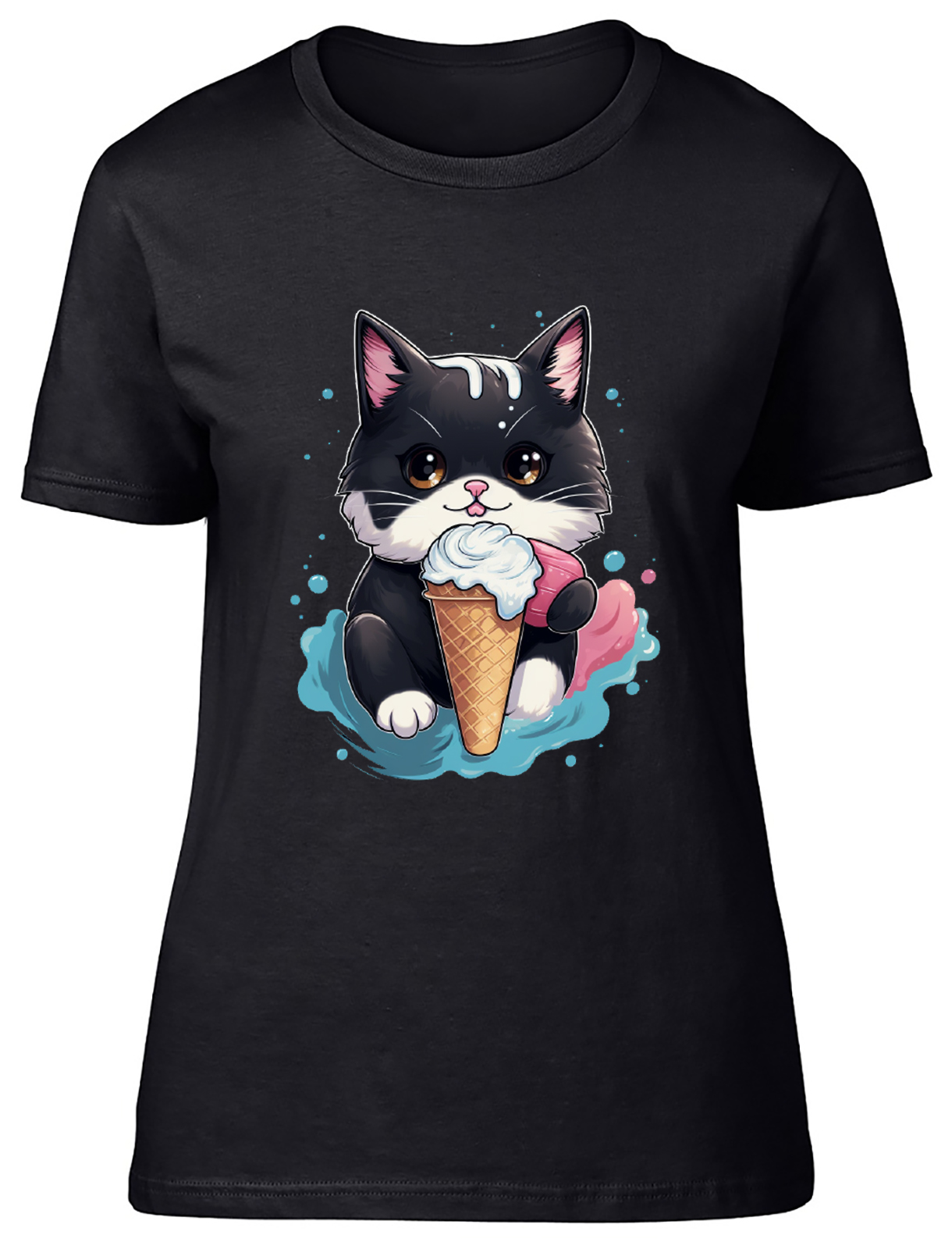 Ice Cream Lover Womens T-Shirt Kitten Cat Ice Cream Cone Ladies Gift Tee
