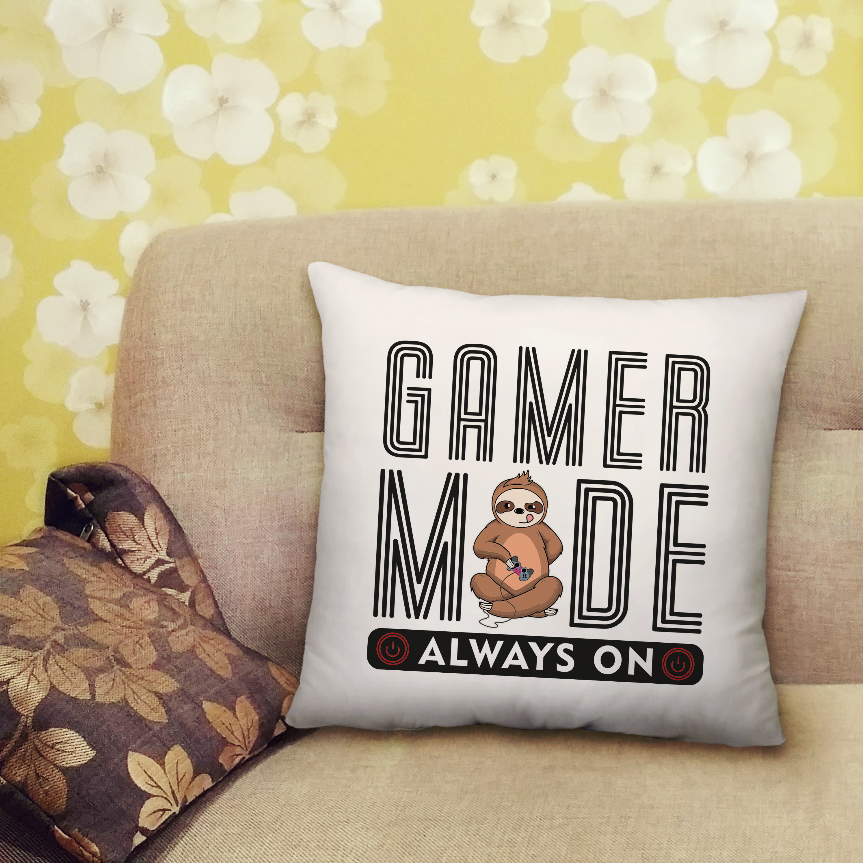 Gamer Mode On Cushion Sloth Video Gaming Arcade Retro Bedroom Lounge - 40cmx40cm - Picture 1 of 1