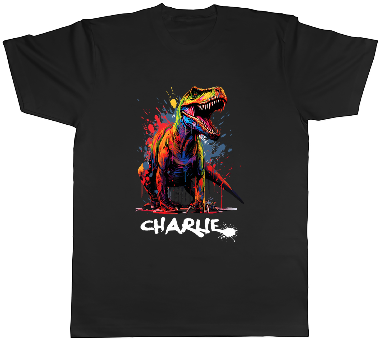 Personalised Any Name T-Rex Dinosaur Mens T-Shirt Brush Paint Splatter Tee Gift
