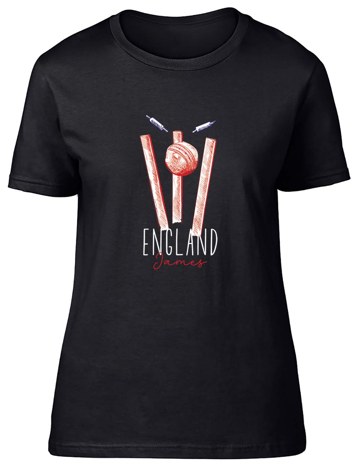 Personalised England Cricket Supporter Women T-Shirt Retro Ball Wicket Stump Tee - Picture 2 of 8