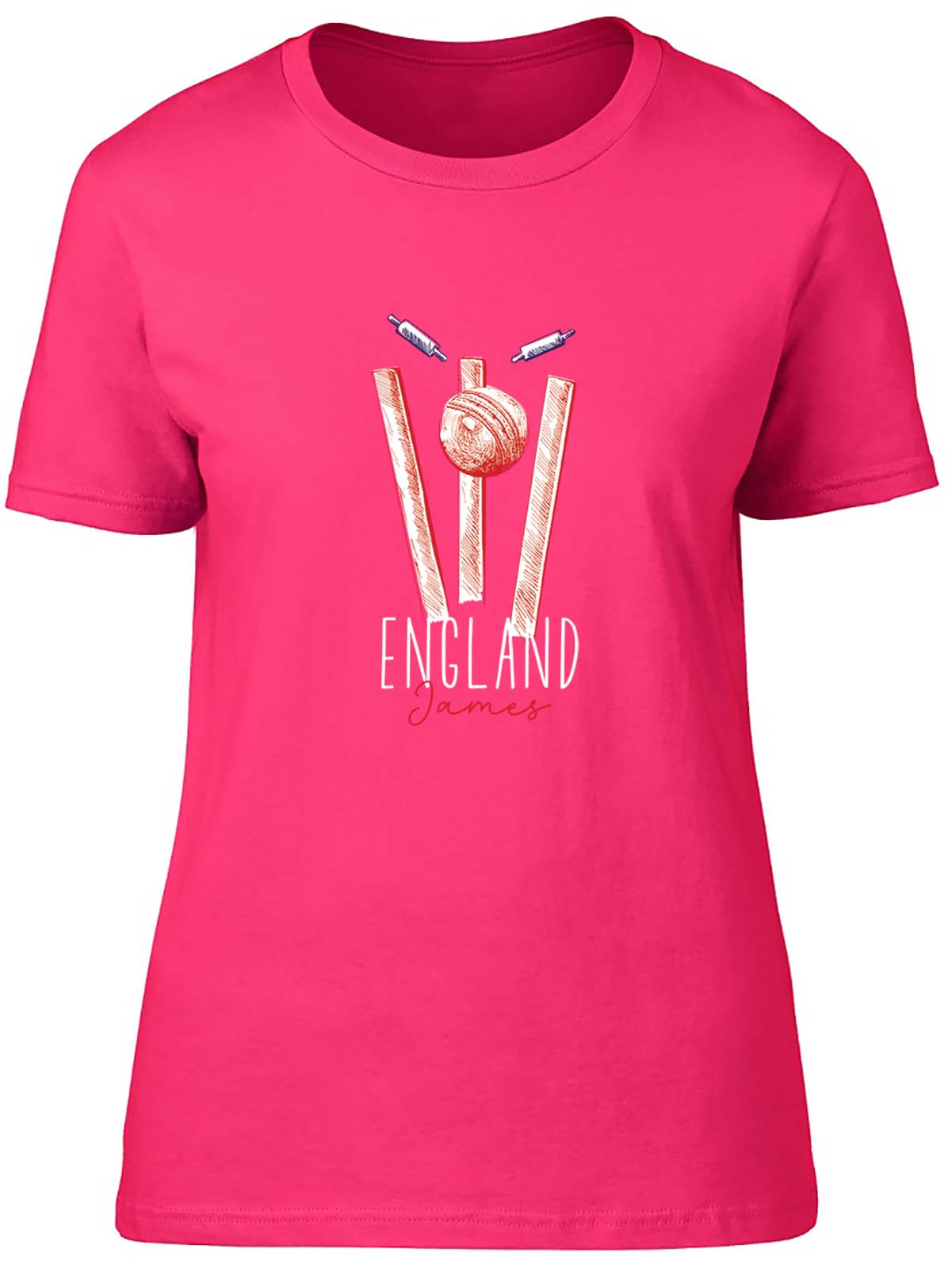 Personalised England Cricket Supporter Women T-Shirt Retro Ball Wicket Stump Tee - Picture 3 of 8