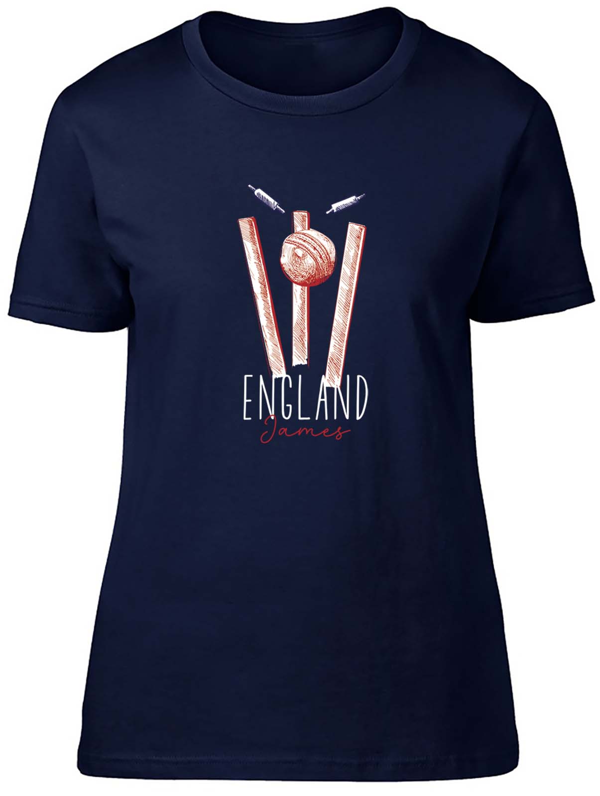 Personalised England Cricket Supporter Women T-Shirt Retro Ball Wicket Stump Tee - Picture 4 of 8