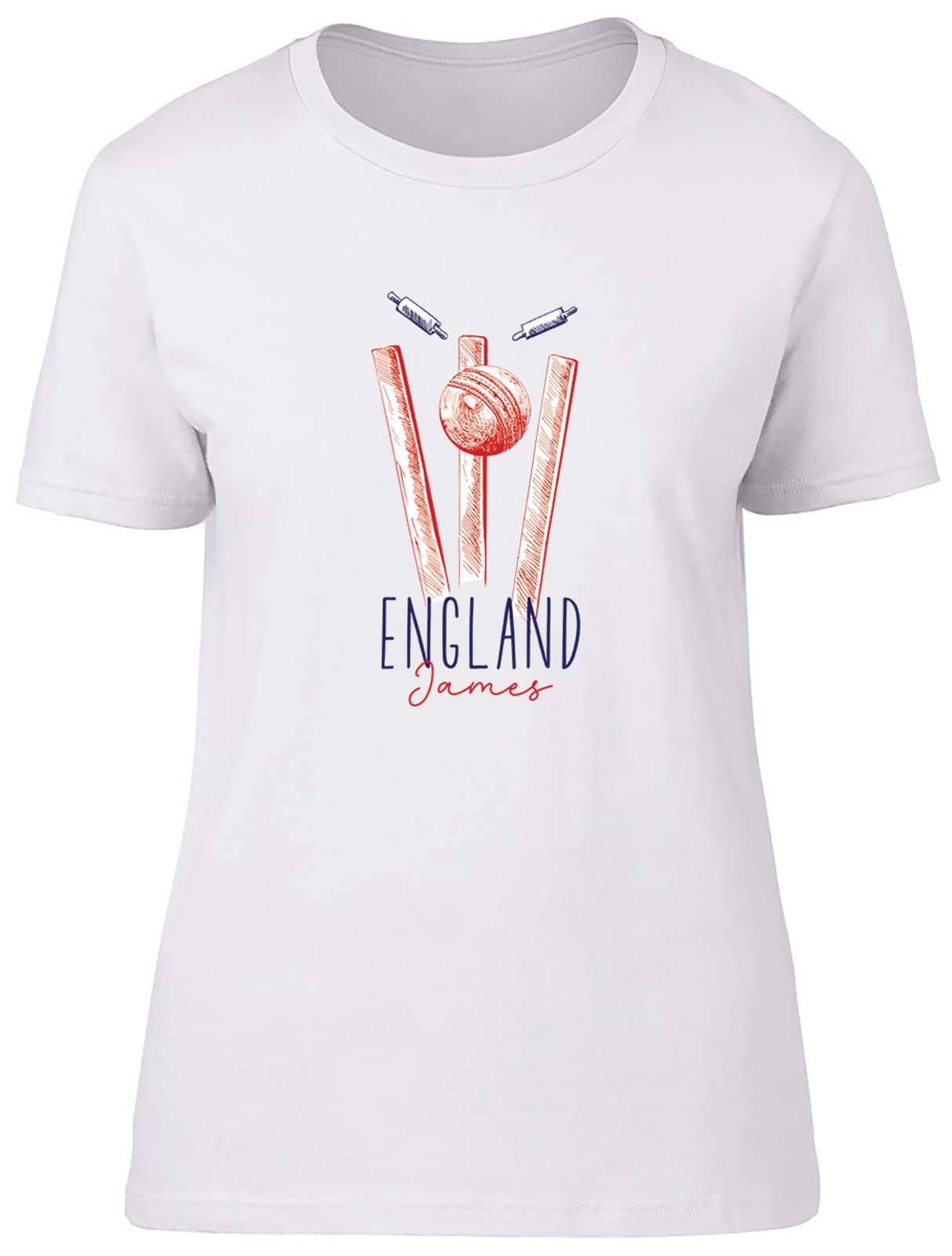 Personalised England Cricket Supporter Women T-Shirt Retro Ball Wicket Stump Tee - Picture 7 of 8
