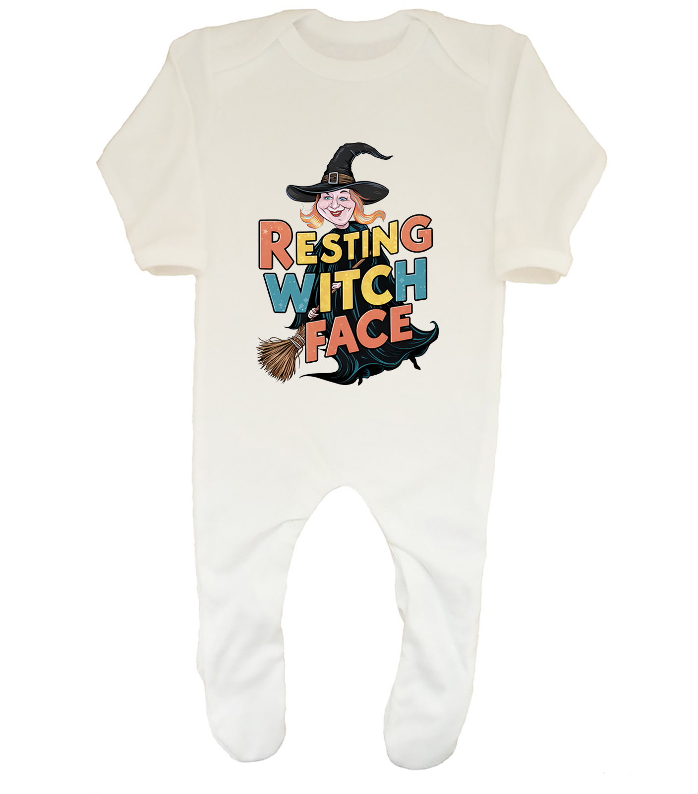 Resting Face Witch Baby Grow Sleepsuit Halloween Costume Witch on Broom Boy Girl
