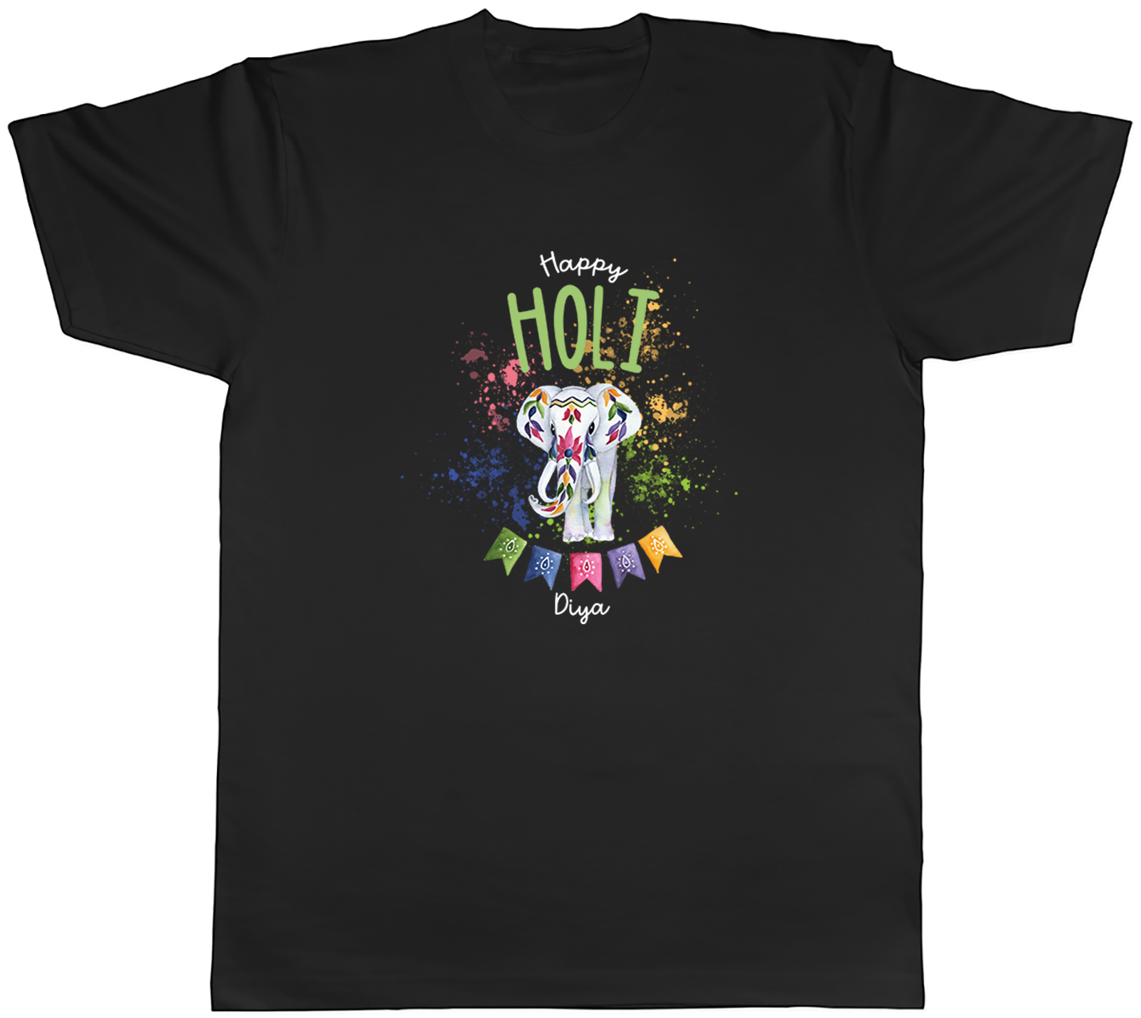 Personalised Happy Holi Watercolour Elephant Mens T-Shirt Tee Gift Top