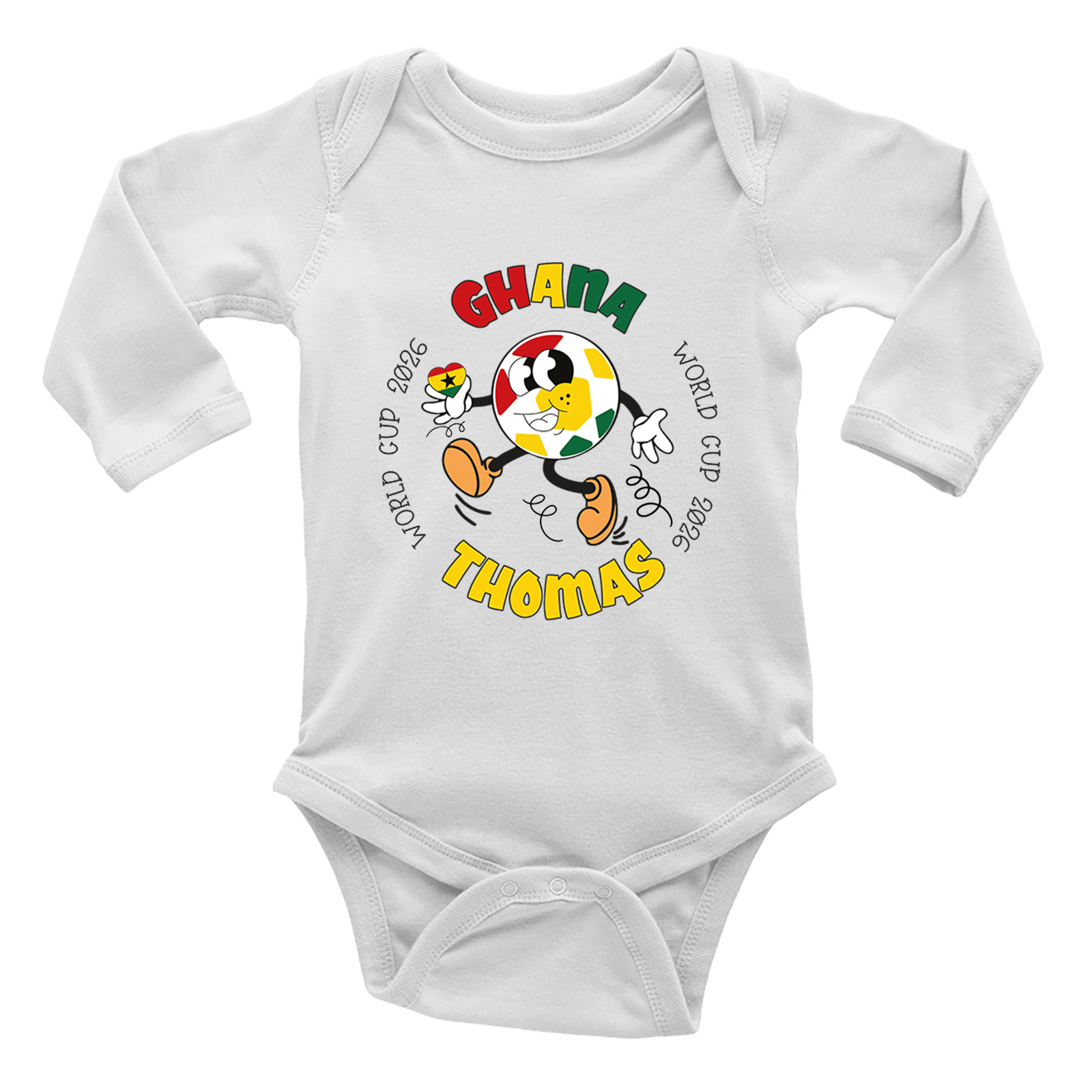 Personalised Ghana World Cup Heart Football Fan Baby Grow Vest Bodysuit L/S